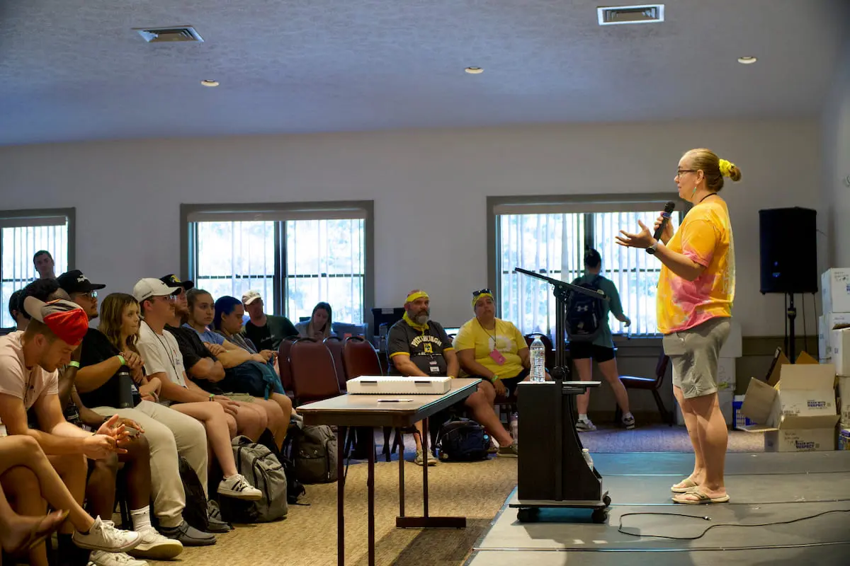 A women’s ministry leader speaking to her group during a church retreat at Bongiorno Christian Retreat Center in Carlisle, Pennsylvania.